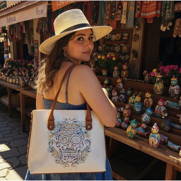 Sugar Skull Multicolor Embossed Tooled Artisan Bag Purse Tote Bolsa Artesanal - Picture 1 of 16